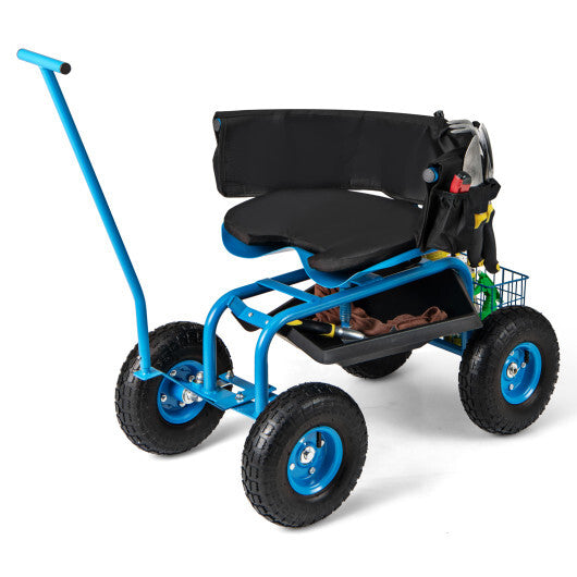 Costway Rolling Garden Cart with Height Adjustable Swivel Seat and Storage Basket-Blue LuxuryLifeWay Online Store