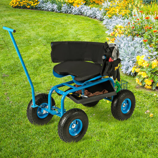 Costway Rolling Garden Cart with Height Adjustable Swivel Seat and Storage Basket-Blue LuxuryLifeWay Online Store