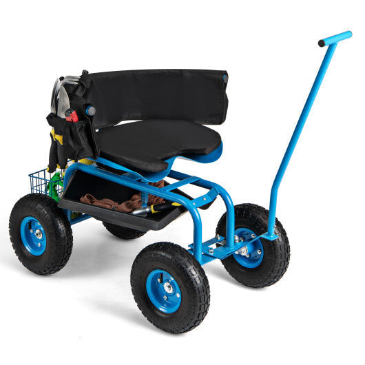 Costway Rolling Garden Cart with Height Adjustable Swivel Seat and Storage Basket-Blue LuxuryLifeWay Online Store