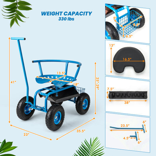 Costway Rolling Garden Cart with Height Adjustable Swivel Seat and Storage Basket-Blue LuxuryLifeWay Online Store