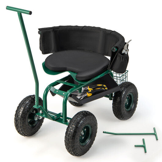 Costway Rolling Garden Cart with Height Adjustable Swivel Seat and Storage Basket-Green LuxuryLifeWay Online Store