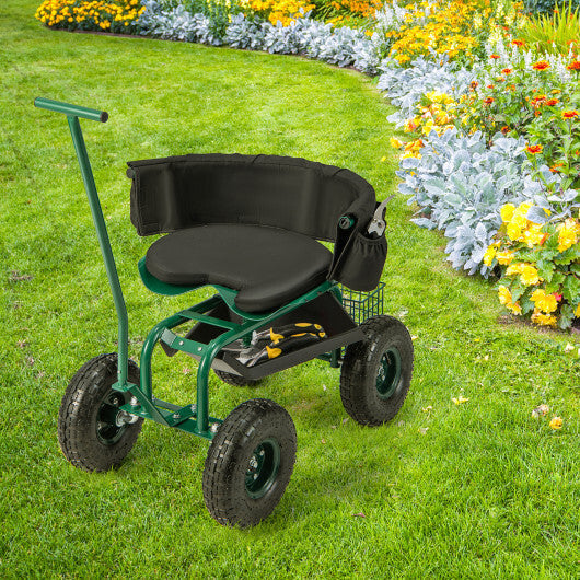 Costway Rolling Garden Cart with Height Adjustable Swivel Seat and Storage Basket-Green LuxuryLifeWay Online Store
