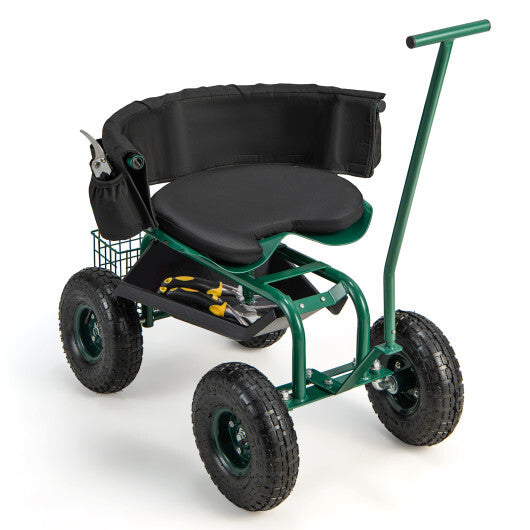 Costway Rolling Garden Cart with Height Adjustable Swivel Seat and Storage Basket-Green LuxuryLifeWay Online Store