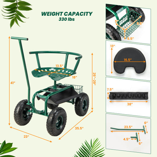 Costway Rolling Garden Cart with Height Adjustable Swivel Seat and Storage Basket-Green LuxuryLifeWay Online Store