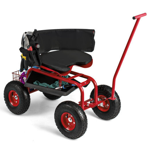 Costway Rolling Garden Cart with Height Adjustable Swivel Seat and Storage Basket-Red LuxuryLifeWay Online Store