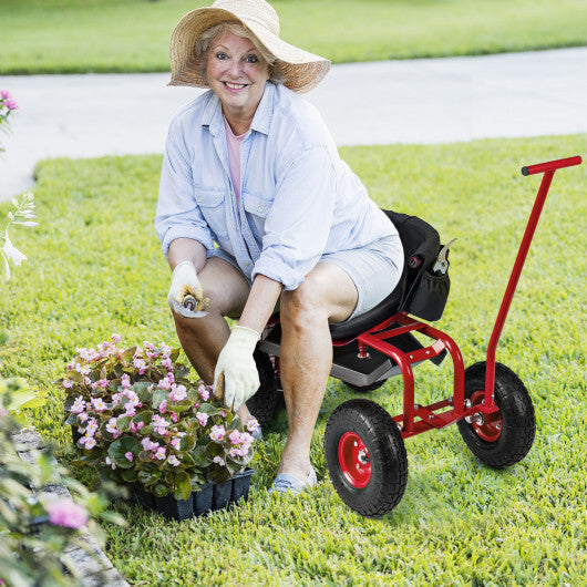 Costway Rolling Garden Cart with Height Adjustable Swivel Seat and Storage Basket-Red LuxuryLifeWay Online Store