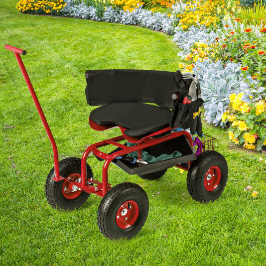 Costway Rolling Garden Cart with Height Adjustable Swivel Seat and Storage Basket-Red LuxuryLifeWay Online Store