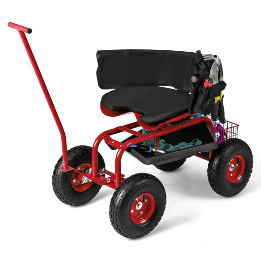 Costway Rolling Garden Cart with Height Adjustable Swivel Seat and Storage Basket-Red LuxuryLifeWay Online Store
