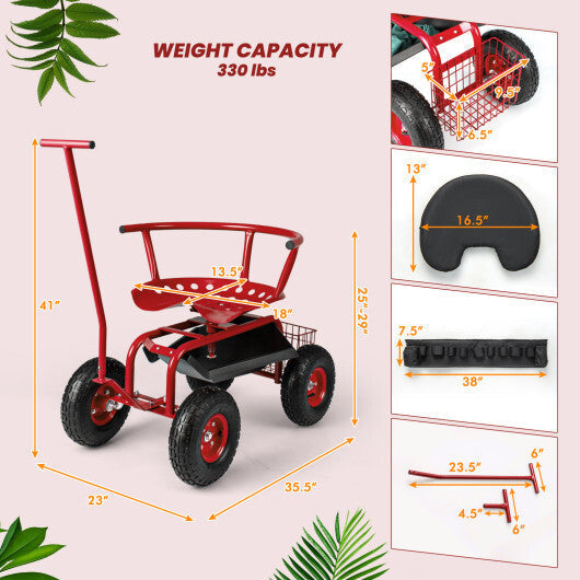 Costway Rolling Garden Cart with Height Adjustable Swivel Seat and Storage Basket-Red LuxuryLifeWay Online Store