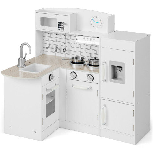 Costway Kids Kitchen Playset Conor Kitchen Toy with Realistic Microwave and Oven Stove-White LuxuryLifeWay Online Store
