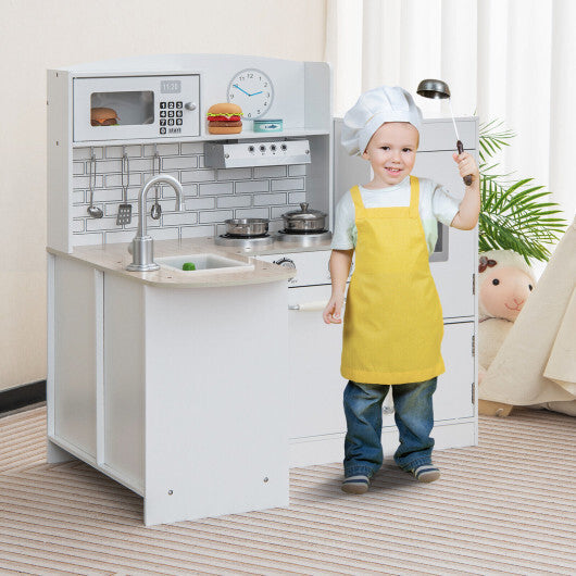 Costway Kids Kitchen Playset Conor Kitchen Toy with Realistic Microwave and Oven Stove-White LuxuryLifeWay Online Store