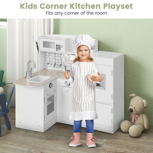 Costway Kids Kitchen Playset Conor Kitchen Toy with Realistic Microwave and Oven Stove-White LuxuryLifeWay Online Store