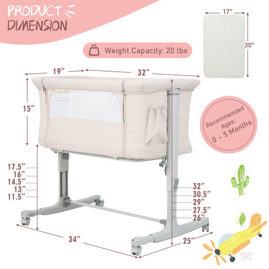 Babyjoy 3-in-1 Baby Bassinet Beside Sleeper Crib with 5-Level Adjustable Heights Beige LuxuryLifeWay Online Store
