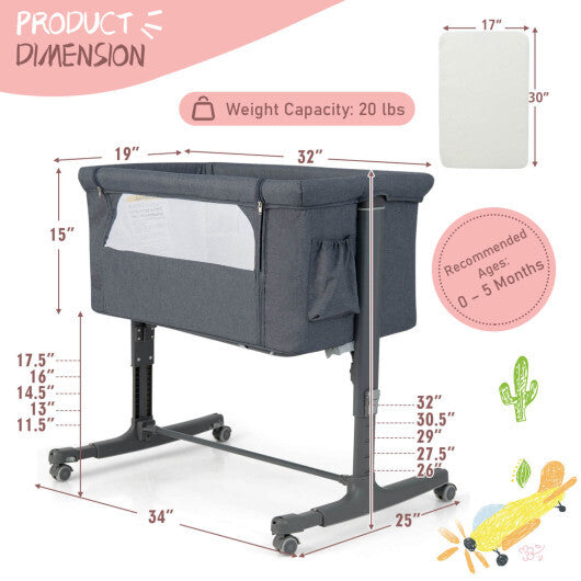 Babyjoy 3-in-1 Baby Bassinet Beside Sleeper Crib with 5-Level Adjustable Heights Gray LuxuryLifeWay Online Store