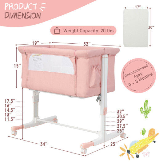 Babyjoy 3-in-1 Baby Bassinet Beside Sleeper Crib with 5-Level Adjustable Heights Pink LuxuryLifeWay Online Store