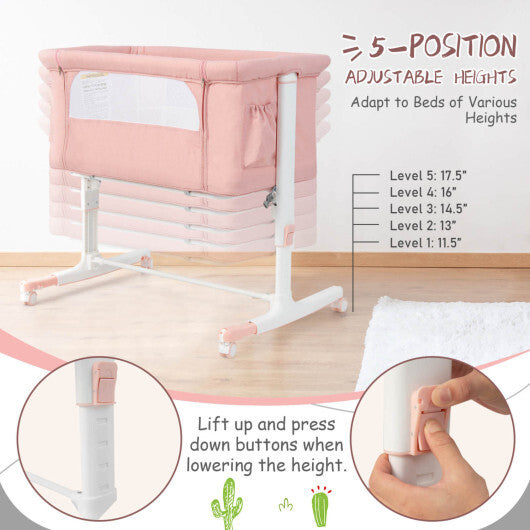 Babyjoy 3-in-1 Baby Bassinet Beside Sleeper Crib with 5-Level Adjustable Heights Pink LuxuryLifeWay Online Store