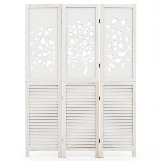 Costway 67" Folding Room Divider 3 Panels with Tree Cutout & Louver Design for Room-White LuxuryLifeWay Online Store