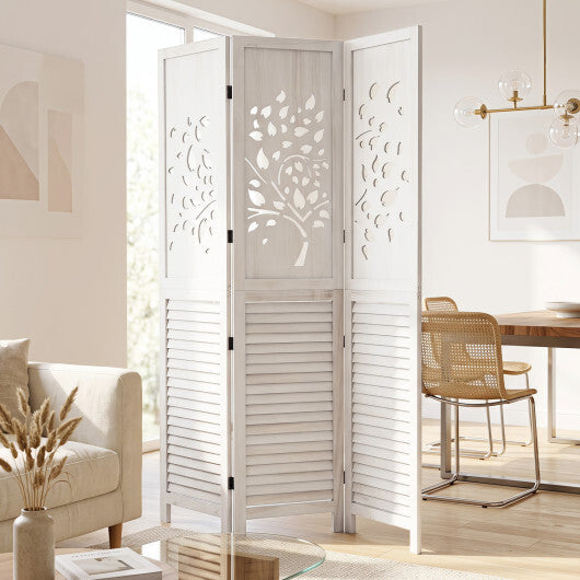 Costway 67" Folding Room Divider 3 Panels with Tree Cutout & Louver Design for Room-White LuxuryLifeWay Online Store