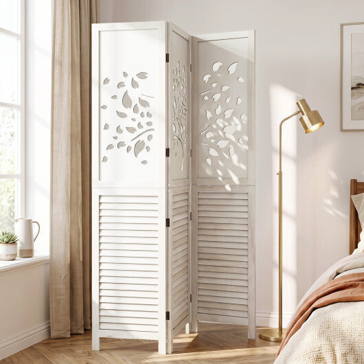 Costway 67" Folding Room Divider 3 Panels with Tree Cutout & Louver Design for Room-White LuxuryLifeWay Online Store