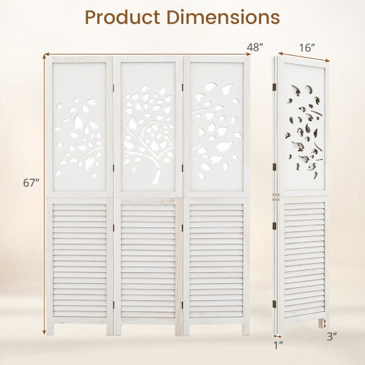 Costway 67" Folding Room Divider 3 Panels with Tree Cutout & Louver Design for Room-White LuxuryLifeWay Online Store
