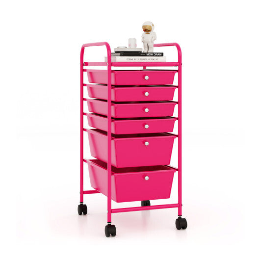 Costway Multifunctional 6 Drawers Rolling Storage Cart Organizer-Rose Red LuxuryLifeWay Online Store