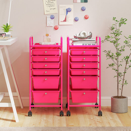 Costway Multifunctional 6 Drawers Rolling Storage Cart Organizer-Rose Red LuxuryLifeWay Online Store