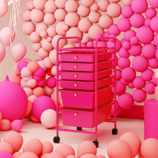 Costway Multifunctional 6 Drawers Rolling Storage Cart Organizer-Rose Red LuxuryLifeWay Online Store