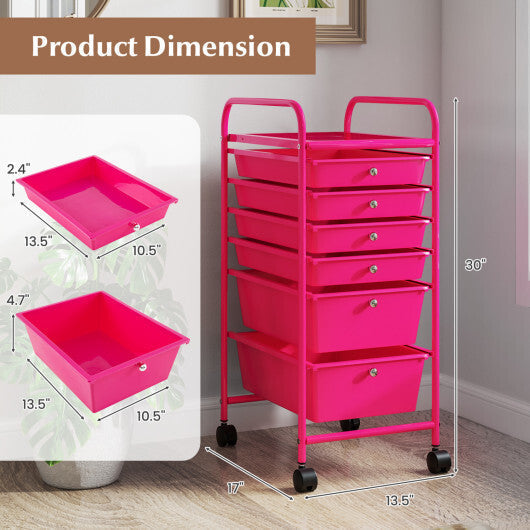 Costway Multifunctional 6 Drawers Rolling Storage Cart Organizer-Rose Red LuxuryLifeWay Online Store