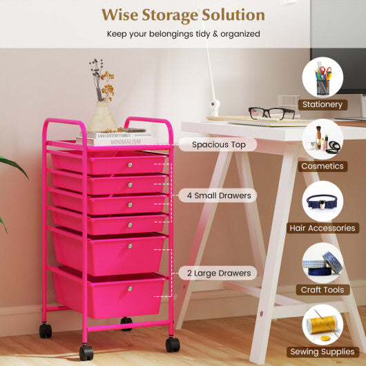 Costway Multifunctional 6 Drawers Rolling Storage Cart Organizer-Rose Red LuxuryLifeWay Online Store