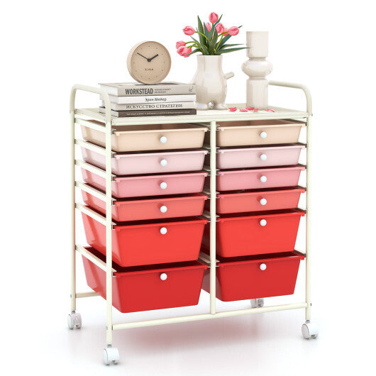 Costway 12-Drawer Rolling Storage Cart with Removable Drawers and Lockable Wheels-Pink LuxuryLifeWay Online Store