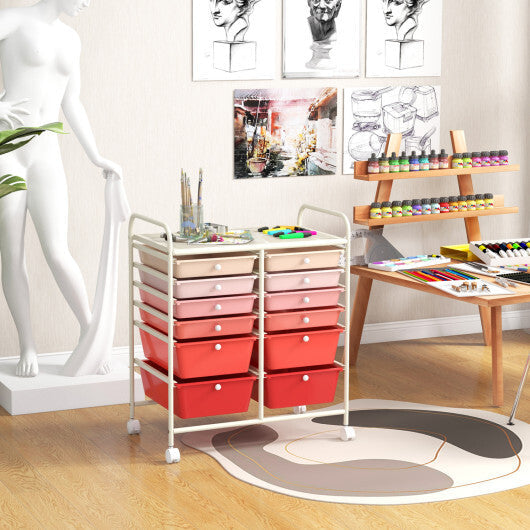 Costway 12-Drawer Rolling Storage Cart with Removable Drawers and Lockable Wheels-Pink LuxuryLifeWay Online Store