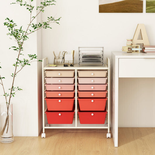 Costway 12-Drawer Rolling Storage Cart with Removable Drawers and Lockable Wheels-Pink LuxuryLifeWay Online Store