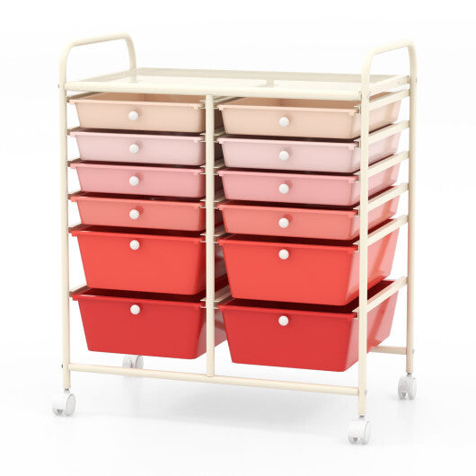 Costway 12-Drawer Rolling Storage Cart with Removable Drawers and Lockable Wheels-Pink LuxuryLifeWay Online Store