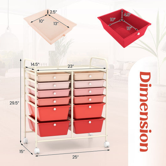 Costway 12-Drawer Rolling Storage Cart with Removable Drawers and Lockable Wheels-Pink LuxuryLifeWay Online Store