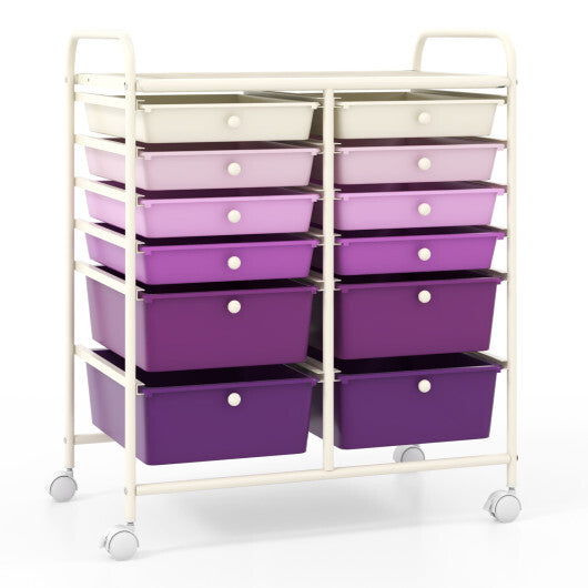Costway 12-Drawer Rolling Storage Cart with Removable Drawers and Lockable Wheels-Purple LuxuryLifeWay Online Store