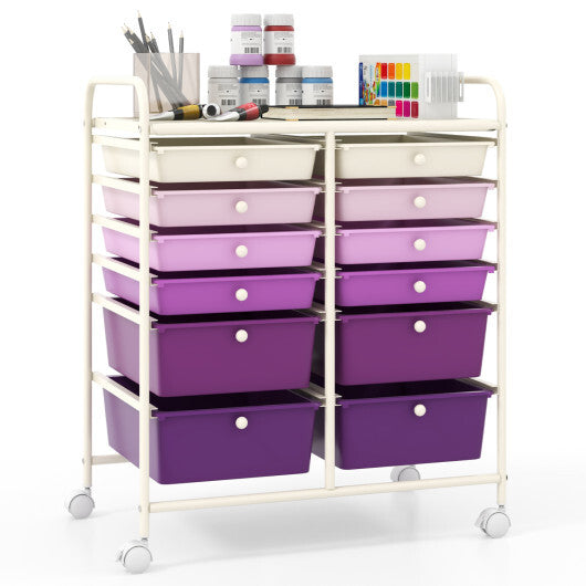 Costway 12-Drawer Rolling Storage Cart with Removable Drawers and Lockable Wheels-Purple LuxuryLifeWay Online Store