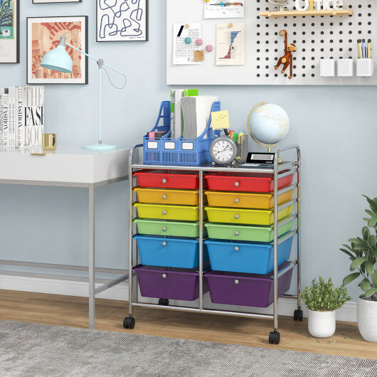 Costway 12 Drawers Rolling Cart Storage Scrapbook Paper Organizer Bins-Transparent Multicolor LuxuryLifeWay Online Store