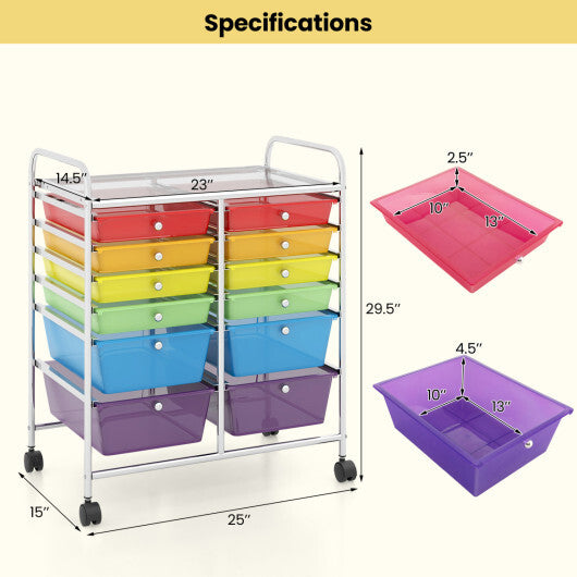 Costway 12 Drawers Rolling Cart Storage Scrapbook Paper Organizer Bins-Transparent Multicolor LuxuryLifeWay Online Store