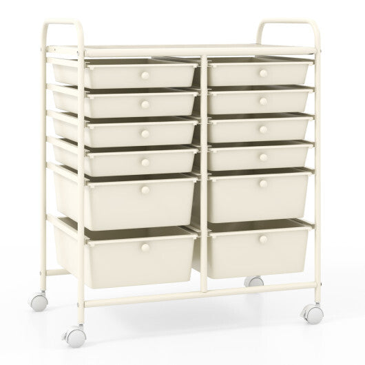 Costway 12-Drawer Rolling Storage Cart with Removable Drawers and Lockable Wheels-Beige LuxuryLifeWay Online Store