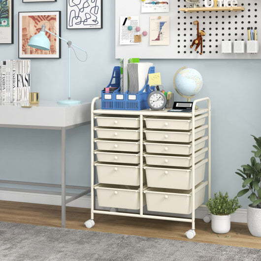 Costway 12-Drawer Rolling Storage Cart with Removable Drawers and Lockable Wheels-Beige LuxuryLifeWay Online Store