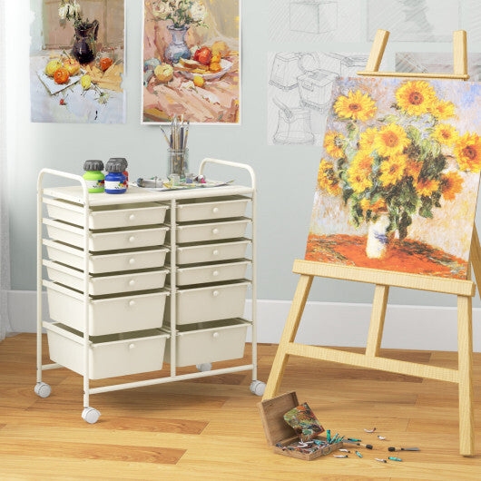 Costway 12-Drawer Rolling Storage Cart with Removable Drawers and Lockable Wheels-Beige LuxuryLifeWay Online Store
