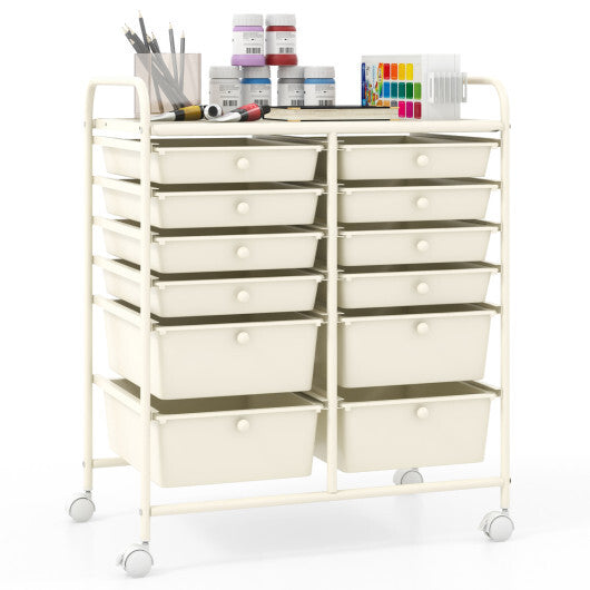 Costway 12-Drawer Rolling Storage Cart with Removable Drawers and Lockable Wheels-Beige LuxuryLifeWay Online Store
