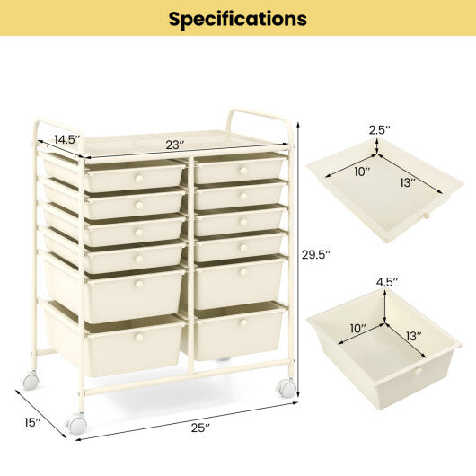 Costway 12-Drawer Rolling Storage Cart with Removable Drawers and Lockable Wheels-Beige LuxuryLifeWay Online Store