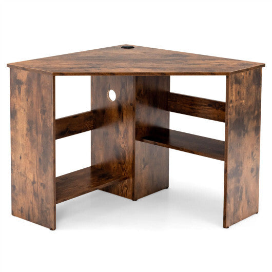 Costway Corner Computer Desk Triangle Writing Workstation with Storage Shelf-Rustic Brown LuxuryLifeWay Online Store