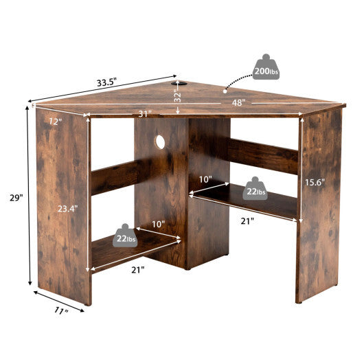 Costway Corner Computer Desk Triangle Writing Workstation with Storage Shelf-Rustic Brown LuxuryLifeWay Online Store