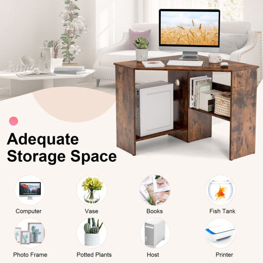 Costway Corner Computer Desk Triangle Writing Workstation with Storage Shelf-Rustic Brown LuxuryLifeWay Online Store