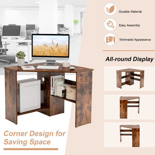 Costway Corner Computer Desk Triangle Writing Workstation with Storage Shelf-Rustic Brown LuxuryLifeWay Online Store