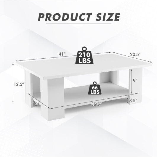 Costway Large 36 Inch 2-Tier Wooden Modern Coffee Table with Storage Shelf-White