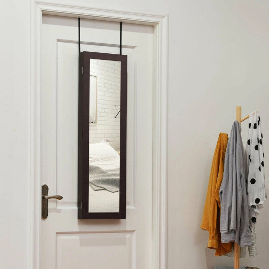 Costway Full Length Mirror Jewelry Cabinet with Ring Slots and Necklace Hooks-Dark Brown LuxuryLifeWay Online Store