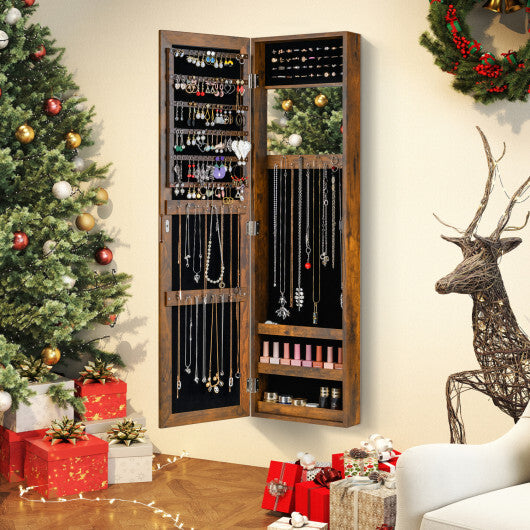 Costway Full Length Mirror Jewelry Cabinet with Ring Slots and Necklace Hooks-Rustic Brown LuxuryLifeWay Online Store